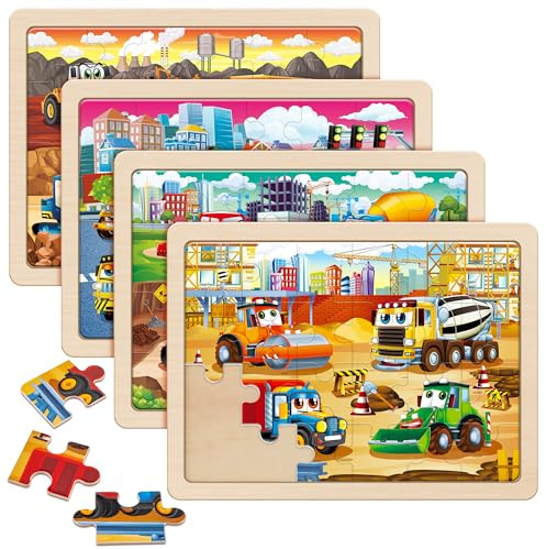 SYNARRY Puzzle Bagger Traktor ab 3 4 5 6 7 8 Jahre, 4 × 24 Teilen Kinder Holzpuzzle Fahrzeuge, Vorschule Lehrreiches Spielzeug, Geschenke für Kinder für Jungen und Mädchen (Baufahrzeuge)