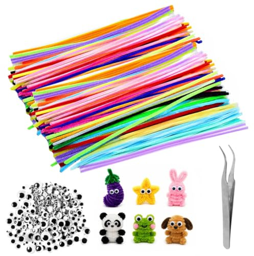 150 Pcs Limpiapipas Manualidades,Limpia Pipas para Manualidades de Colores,Set de Limpiapipas,Pipe Cleaners,Kit de Limpieza de Pipas para Manualidadess DIY + 100 Pompones, 100 Ojos Saltones, 1 Pinza