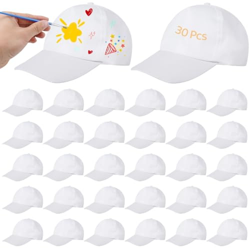 YOFAPA DIY Baseball Caps - 30 Pcs White Blank Adjustable Hats for Painting and Crafts, Bulk Polyester Caps for Kids Activities, Camp Events and Group Projects