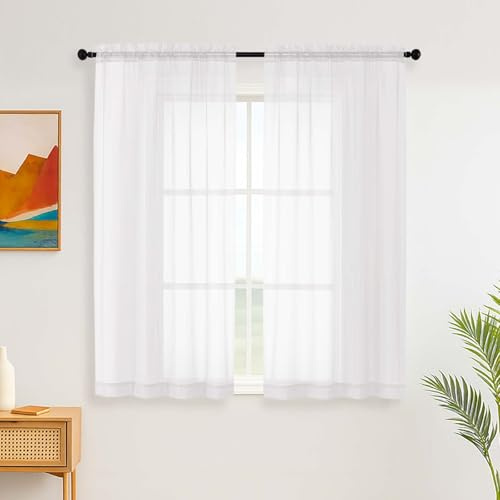 Simplebrand White Voile Rod Pocket Curtains 2 Panels W106 x L137 cm | Soft polyester voile rod pocket curtains with sheer light filtering for kitchen, bathroom and small windows