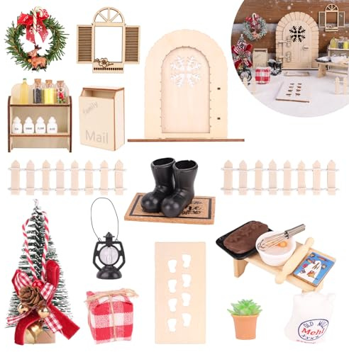 30 Stück Wichteltür Set, Wichtel Zubehör Weihnachten, Puppenhaus Miniatur Tür Holz Komplett Set Weihnachtswichtel Zubehör für Elf mit Miniatur Feentür, Briefkasten, Stiefel, Zaun, Leiter