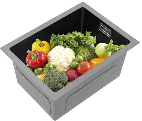 Fregadero de cocina de acero inoxidable, rectangular, moderno, pequeño, con filtro de drenaje y rebosadero, para empotrar/bajo encimera, 40 x 30 x 20 cm (negro)