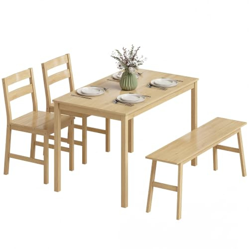 HOMCOM Ensemble de Salle à Manger en Bambou 4 Places Moderne Bois Naturel | Table à Manger, 2 Chaises et Banc, pour Petit Espace, Cuisine, Coin Petit-Déjeuner