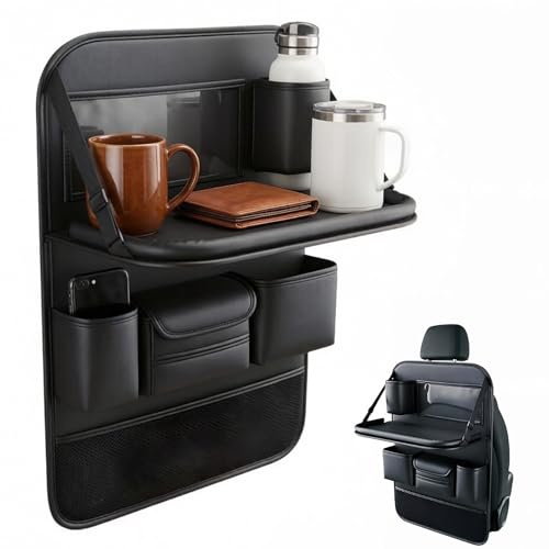 Auto Organizer Rücksitz Kinder mit Klapptisch - Autositz Organizer Leder Wasserdicht - Rückenlehnenschutz Auto für Vordersitz & Rücksitz - Reisetisch Auto Kinder Stabil & Platzsparend - Schwarz