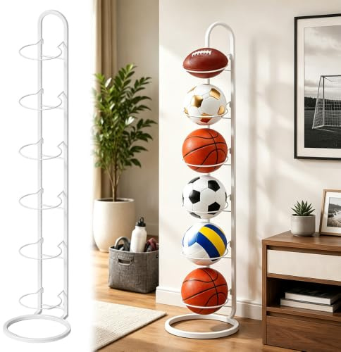 CLIUNT Ballonghållare 6 nivåer, 24 x 143 cm vertikalt basketställ, fotbollsställ, bollförvaringsställ, avtagbar, för basket, rugby, fotboll och volleyboll (vit)