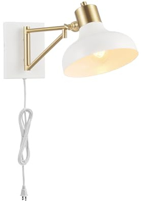 Globe Electric 51344 1-Light Plug-in or Hardwire Swing Arm Wall Sconce, White, Brass Accents, White-Cloth Cord, Mounted Bedside Lamp, Kitchen Sconces Wall-Lighting, Bulb Not Included