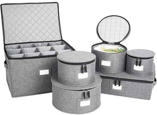 storageLAB 6-Piece China Storage Set | Plates, Mugs & Wine Glasses | Gray | Most Complete Set - Plates, Mugs & Wine Glasses For 12. Hard Shell, Felt-Lined, Stackable. Full China System In One.