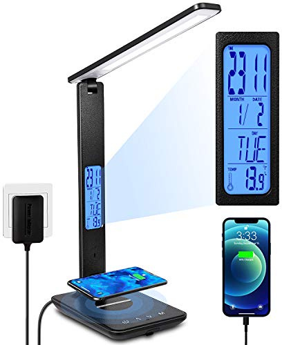 XIZDDL LED Desk Lamp with Wireless Charger, Suitable for Home, Office Dimmable, with USB Charging Port, Built-in Clock, Calendar, Thermometer and Automatic Timing Reading Desk Lamp.