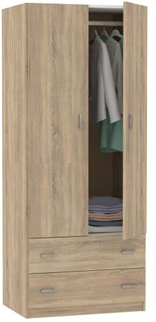 Muebles Pitarch | Armoire Chambre Penderie 2 Portes 2 Tiroirs, Chêne Cambrian, 180x74x50 cm (hauteur x largeur x profondeur), Meuble Auxiliaire Moderne, Collection Tibet