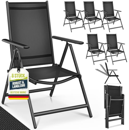 tillvex® Gartenstuhl 6 Stück klappbar mit Armlehnen | 7-Fach Verstellbar | Hochlehner Klappstuhl aus Aluminium | Campingstuhl Klappbar, Wetterfest & Atmungsaktiv | Gartenstühle Balkon Garten Terrasse