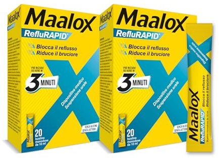 Maalox Reflurapid Blocca il Reflusso Gastroesofageo, Riduce Bruciore e Acidità di Stomaco, anche in Gravidanza - con Bicarbonato di Sodio, Senza Glutine, Senza Lattosio (40 Bustine Gusto Menta)