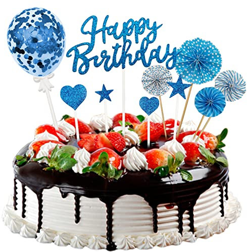 Decoración de Cumpleaños Azul Con Globos de Confeti, Estrella del Amor, Purpurina - Para Tartas, Bautizo y Fiesta