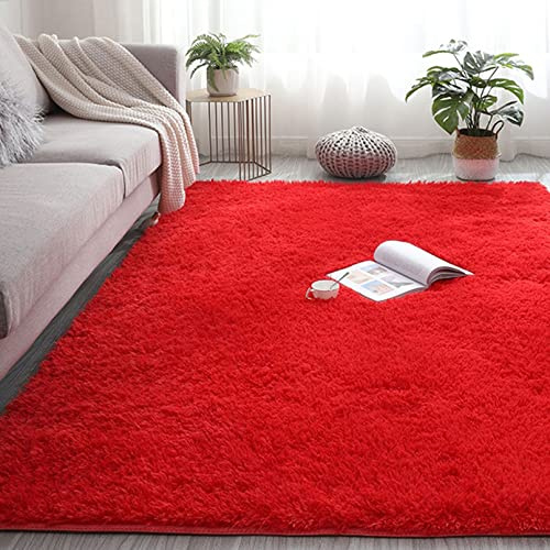 CHBIN Kunstfell 100x140cm Teppich Wohnzimmer Nachahmung Wolle Teppich Fellteppich Faux Lammfell Flauschig für Wohnzimmer Kinderzimmer Schlafzimmer Flur Läufer, Rot