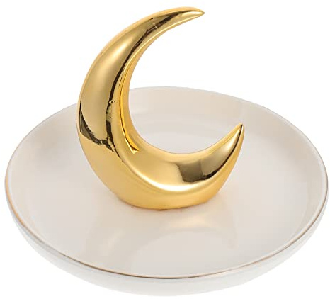 TOPBATHY Keramik Schmucktablett Vielseitiges Desktop Organizer mit Goldbeschichtung in Mondform und Dekoratives Aufbewahrungstablett Kreatives für Ringe und Parfüm