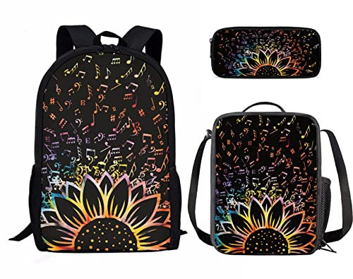 Binienty Modischer Rucksack Teen Jungen Mädchen Schulbuch Tasche mit Lunchbox Stifteetui 3 in 1, Sonnenblumen-Note, Einheitsgröße