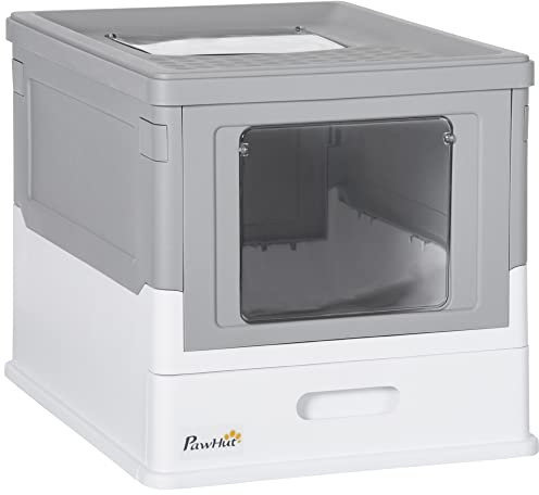 PawHut Katzenklo mit Deckel Katzentoilette mit Haube Schaufel ausziehbares Tablett Katzentoilette für Katzen bis 5 kg 47,5 x 35,5 x 36,7 cm Weiß+Grau