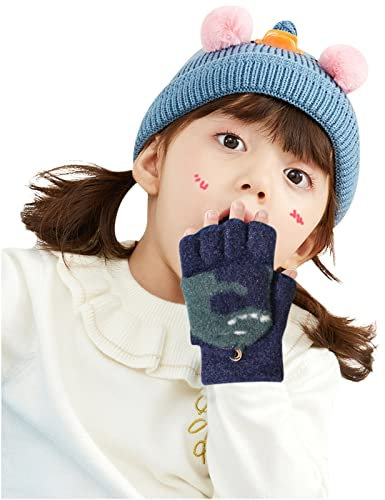 Dinosaurier-Kaschmirwolle für Kleinkinder Cabrio Halbwinter mit Fäustlingen Top Jungen Finger Flip Handschuhe Cover Handschuhe Handschuhe 20 Jahre Accessoires Handschuhe (Navy, One Size)
