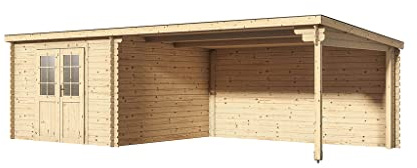 Woodtex Holz Gartenhaus Blockbohlenhaus CA2978 | Wandstärke 28 mm | Naturbelassen | Mit 4 m Anbau | B x T x H: 696 x 309 x 203 cm | Mit Rückwand | Doppeltür mit Echtglas