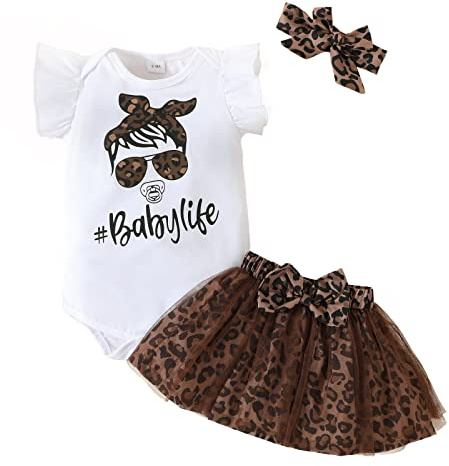 KONFEN Vetement Bebe Tenue de Vêtements pour Bébé Nouveau-né Manche Courte Body Barboteuse + Imprimé Léopard Maille Jupe + Bandeau Ensemble 3 pièces pour Bebe Fille 6-9 Mois