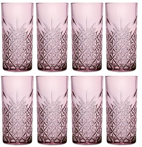 Cut Glass Crystal Effect Highball Drinking Dining Tumbler Glasses Set (Pink, 8)