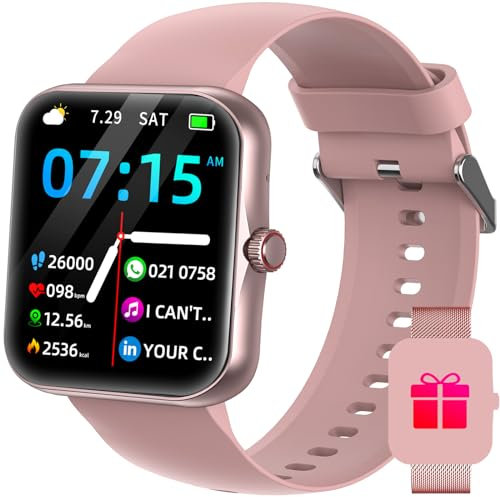 JUBUNRER Smartwatch Damen Herren mit 1,83 Zoll Touch Telefonfunktion Herzfrequenz Schlaf Monitor Schrittzähler Kalorien IP68 wasserdichte Weihnachten Fitnessuhr Damen für IOS Android [2 Armbänder]