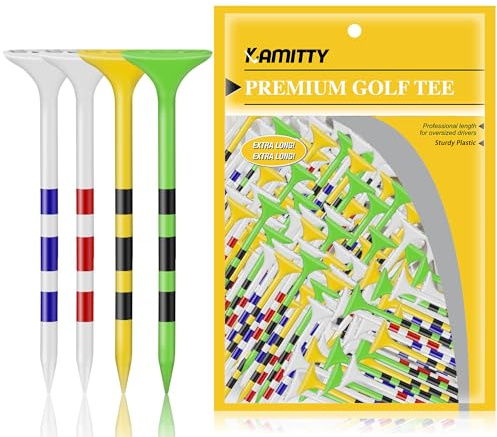 Kamitty Golf-Tees aus Kunststoff, unzerbrechlich, 8,9 cm, 50/80 Stück, mit großem Becher und 8 Zinken, reduziert Reibung und seitliches Drehen, mehrere Farben, lange Golftees (Farbringe, 80 Stück)