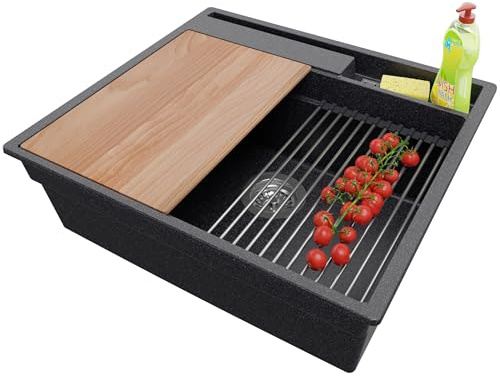 PRIMAGRAN Evier Cuisine en Granit au Meuble 60cm + Kit de Vidage, 58x53cm | Set: Kit de Vidage (Siphon, bonde d’évacuation, trop-plein) + Lavabo 1 Bac - Oslo, Graphite