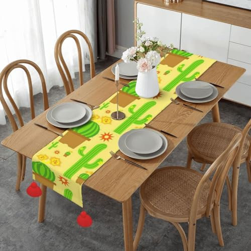 Chemin de table imprimé cactus jaune, chemins de table imitation toile de jute, Halloween, Noël, Nouvel An et autres décorations de vacances, 152,4 cm
