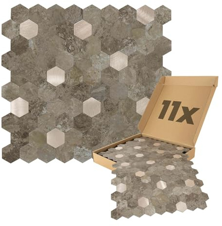 Dalsys 11x Wandpaneele selbstklebend 0,88m² Braun Gold | Wandverkleidung in Hexagon Muster Steinoptik feuchtigskeitsbeständig, Premium Qualität für Bad und Küche