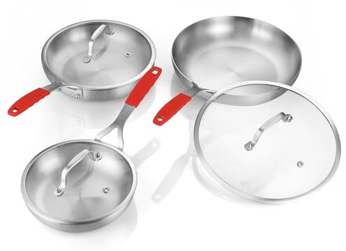 DELARLO Dreilagiges Edelstahl-Bratpfannen-Set mit Deckel, 20,3 cm, 25,4 cm, 30,5 cm, große Bratpfannen, Induktionspfanne, Töpfe und Pfannen, Küchen-Kochgeschirr-Set, spülmaschinen- und ofenfest
