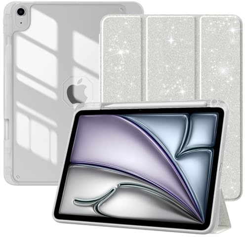 TiMOVO Hülle für iPad Air 11 Zoll (M4/M3/M2-2026/2025/2024), iPad Air 5/4 Hülle (2022/2020) 10,9, Schutzhülle mit Stifthalter, Schlank Ständer Schutzhülle mit Klar Rückseite, Glitzer Weiß