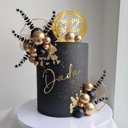 Boho Cake Topper Gold Black Balls Cake Decorations Palm Leaves Black Eucalyptus Grass for Wedding Birthday Gold Black Boho Themed Party Supplies (Black)
