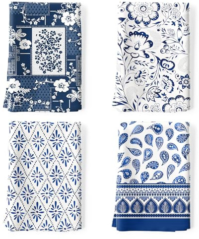 Arquiel Strofinacci Da Cucina Cotone Set Di 4, Panni Da Cucina In 100% Cotone Multiuso Morbidi E Assorbenti Strofinacci Canovaccio Cucina Strofinacci Da Bar(Modello Retrò Blu)