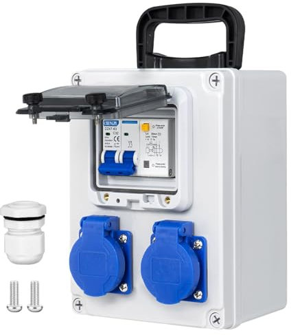 CHENGPI Baustromverteiler,Stromverteiler mit FI Schalter 2P+N 16A, Wandverteiler mit 2 AC Schuko Stecker 250V/16A,Aufputz Verteiler für Bauwesen,Industriell,Draußen