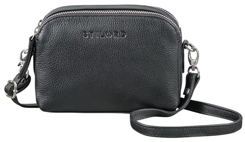 STILORD Nina Kleine Umhängetasche Damen Leder Tasche Brustbeutel Mini Handtasche Vintage Clutch Handytasche bis 7 Zoll Ledertasche Retro Abendtasche Damen Farbe:schwarz
