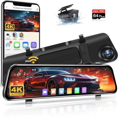 【WiFi】 4K Dashcam Retroviseur 12 Pouces avec Retroviseur Camera de Recul Carte 64G Dashcam Voiture Avant Arriere Grand Angle 170° avec Vision Nocturne WDR Capteur G pour DC12-24V Voiture SUV Pickup