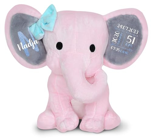Love Faith personalisierter Kuschelelefant - pink/rosa - Geburtsgeschenk | Niedlicher Plüschelefant in Pink mit rosa Schleife - Individuelles Geschenk für Mädchen zur Geburt, Taufe oder Geburtstag
