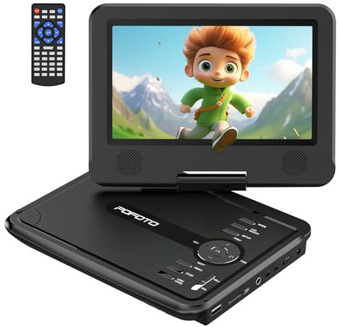 POFOTO 9,5 Tragbarer DVD Player mit 7,5 HD-Schwenkbaren Bildschirm, 4-6 Stunden Akkulaufzeit, DVD Player Auto mit Dual-Lautsprechern, Autoladegerät, Netzteil, Sync TV/USB/SD-Karte (Grau-schwarz)