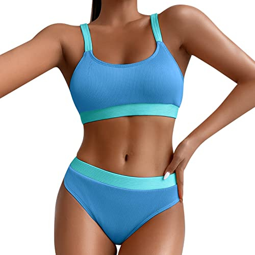 Sport Bikini Damen Zweiteiliger Badeanzug Gepolstert Push Up Bikini Set Gerippte Bustier Breite Träger Bikinis Bademode Strandmode Sportlich High Waist Bikini-Sets für Damen Swimsuit