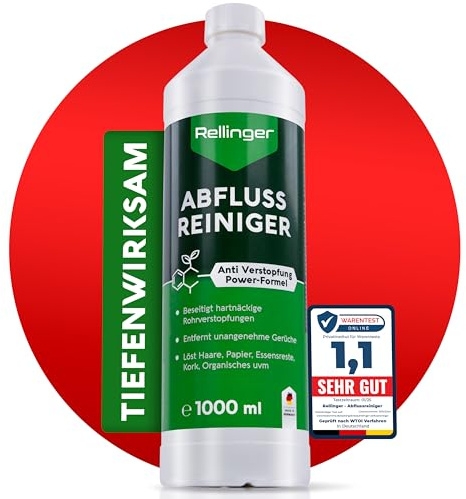 RELLINGER® Profi Abflussreiniger 1l [POWER-FORMEL] - Rohrreiniger extrem stark (Made in Germany) - Effektive Entfernung von Haaren, Essensresten und schwersten Verstopfungen - Biologisch abbaubar