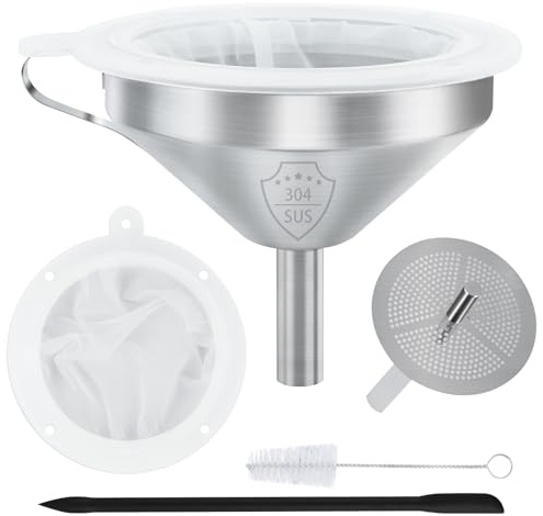 WMKGG 304 Stainless Steel Funnel, 5 Inch Funnels for Kitchen Use Filling Bottles, with 200 Mesh and 100 Mesh Fine Mesh Strainer, for Oils, Juice, Wine, Coffee, Milk, Tea, Powder