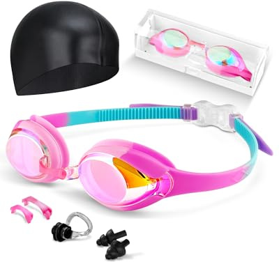 Hurdilen Swimming Goggles for Kids Age 3-14 with Swimming Cap, Anti-Fog, Anti-UV, Leakproof (Pink and Blue)