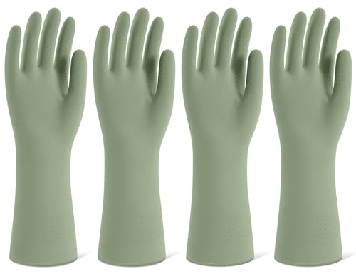 Rubber Cleaning Gloves for Dishwashing, 4 Pairs Reusable Kitchen Gloves for Washing Dishes and Household Cleaning, Green Dish Gloves with Flocked Lining and Non-Slip Grip, Pefect for Woman Men - M
