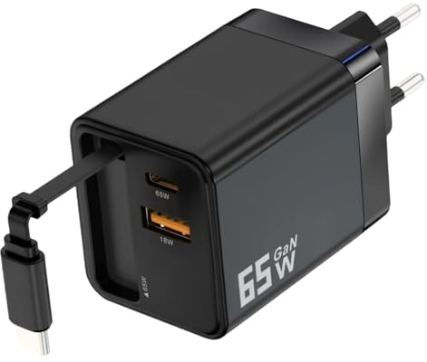 Chargeur 65W USB C GaN PD 65W avec Câble Rétractable et 3 Ports (2 USB-C + 1 USB-A), Charge Rapide PD 3.0 Compact Compatible avec MacBook Pro, iPhone 16, iPad, Galaxy S24, Switch, Laptop