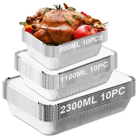 30 bandejas de aluminio para parrilla de gas, bandejas desechables de aluminio, bandejas de aluminio multifuncionales, ideales para barbacoa, cocinar, hornear y almacenar alimentos, tamaños 2300 ml