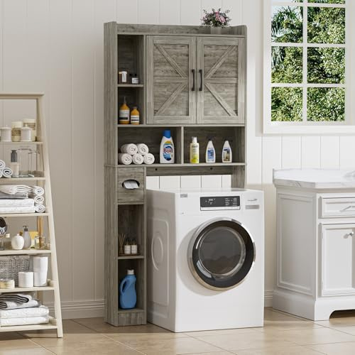BonVache Waschmaschinenschrank mit 2 Türen, Verstellbare Ablagen, Waschmaschinenregal mit Seitenfach für Papierhandtuch und 6 offene Fächer, für Badezimmer, Toilette und Waschküche, Grau