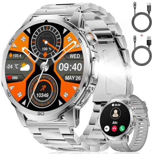 FEELNEVER Militär Smartwatch Herren mit 1000 mAh/1,85 HD Großes Touchscreen/LED-Licht,Fitnessuhr mit 2 Armbändern/110+ Sportmodi,Herz-/Schlaftracking,IP68 wasserdicht,Uhr für iOS/Android,Silbernes