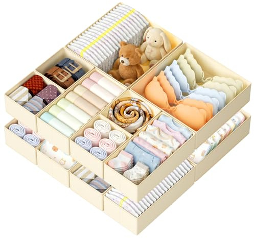 DIMJ Drawer Organisers and Clothes Dividers - 12 Pack Fabric Wardrobe Storage Cubes Foldable Draw Box for Socks, Underwear, Baby Clothing, Ties, Nursery, Bedroom, Chest of Drawers, Beige