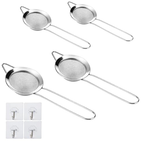 4 Stück Reissieb, 7/8cm, Mit Haken, Küchensieb Edelstahl, Küchensieb, Nudelsieb, Feingedichtetes Garnnetz Mit Verstärkungsgriff, Ideal Für Asphalt, Reis, Gemüse, Obst, Tee Und Zuckerpulver