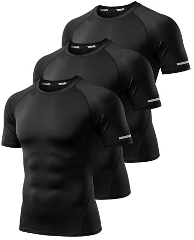 YESWEL3 Pack Mens Compression Athletic T-Shirts Polyester Quick Dry Short Sleeve, Moisture Wicking Running Gym Workout Tops (Black L)